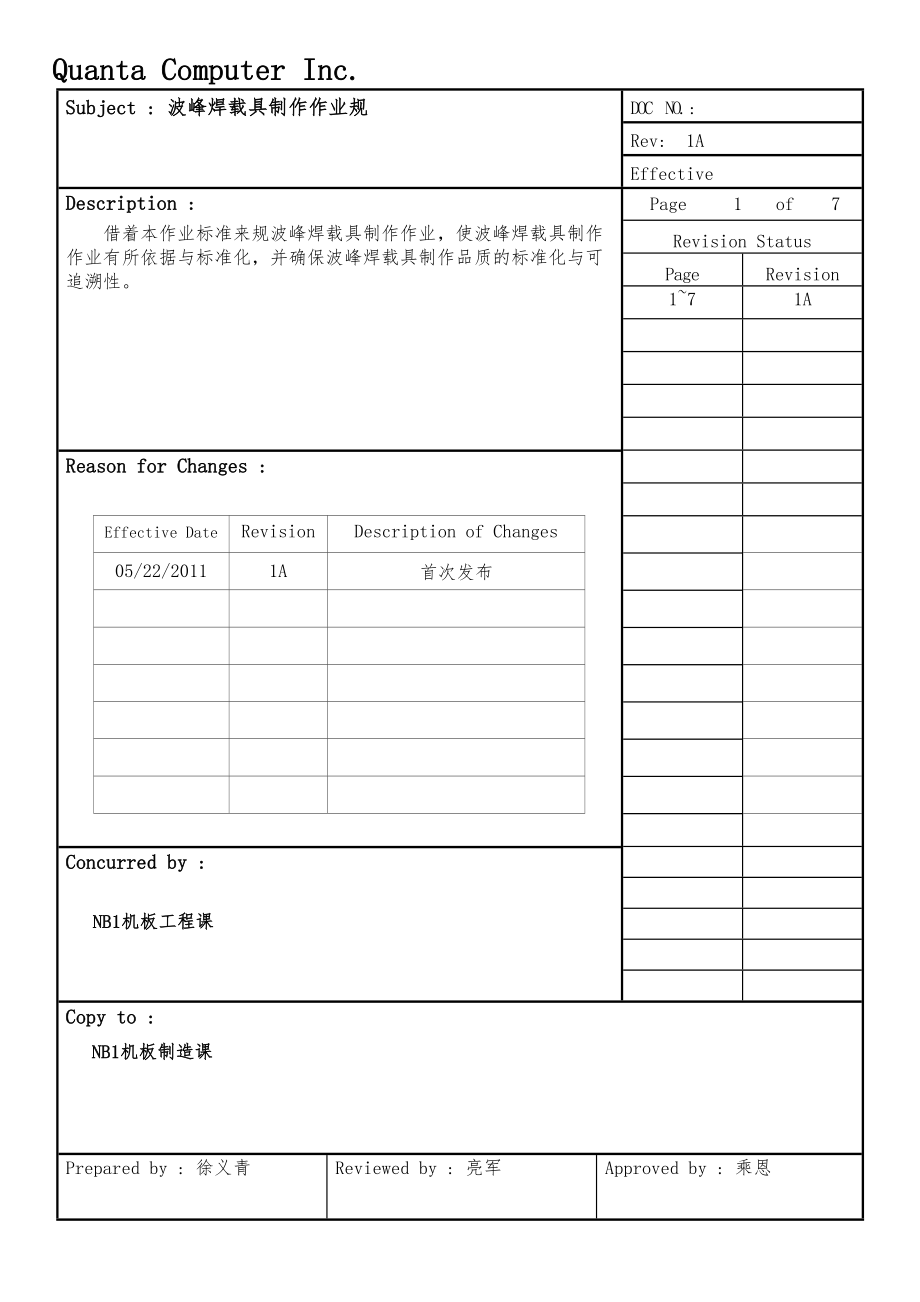 波峰焊载具制作作业标准书1A_第1页