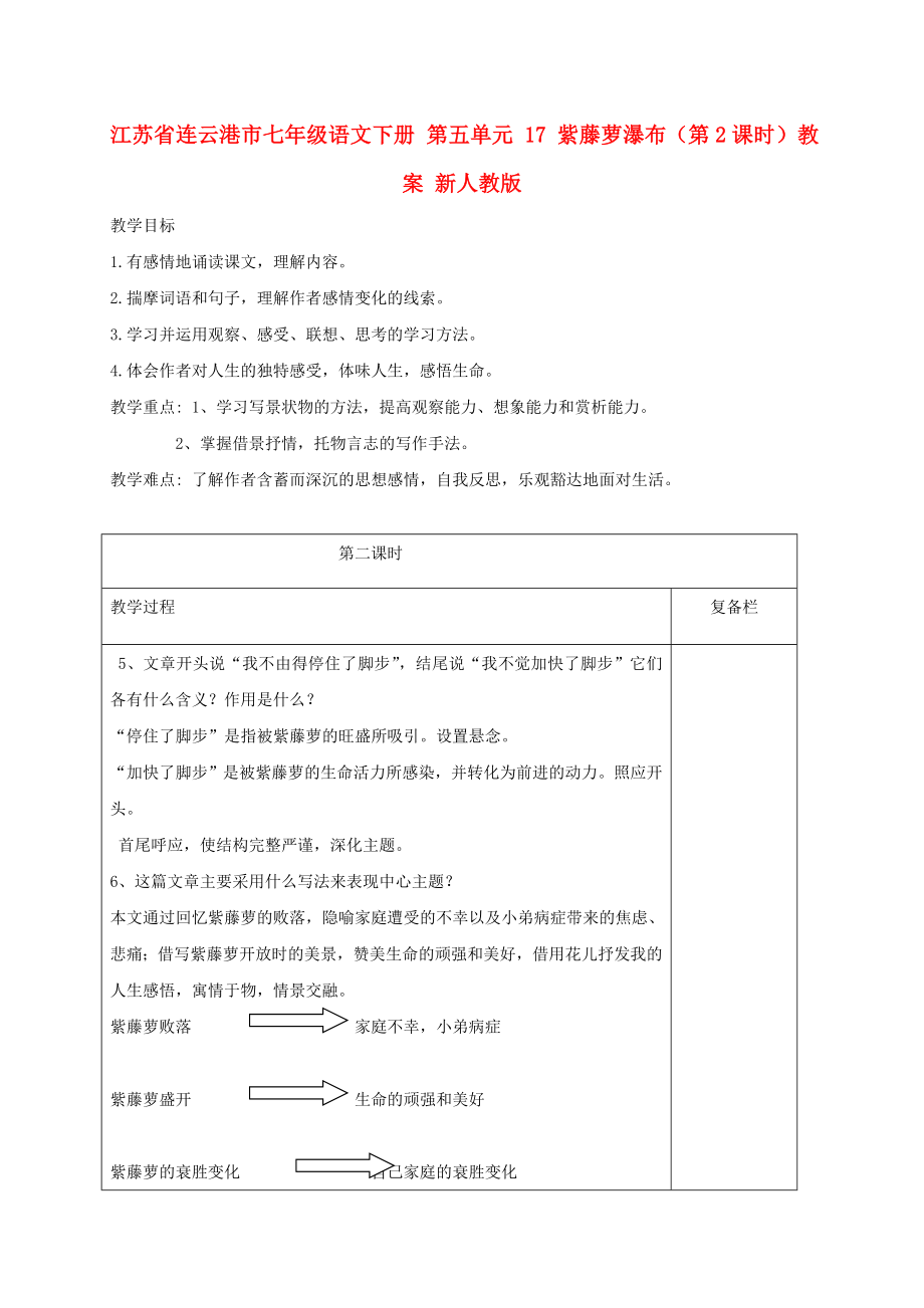 江蘇省連云港市七年級(jí)語文下冊(cè) 第五單元 17 紫藤蘿瀑布（第2課時(shí)）教案 新人教版_第1頁