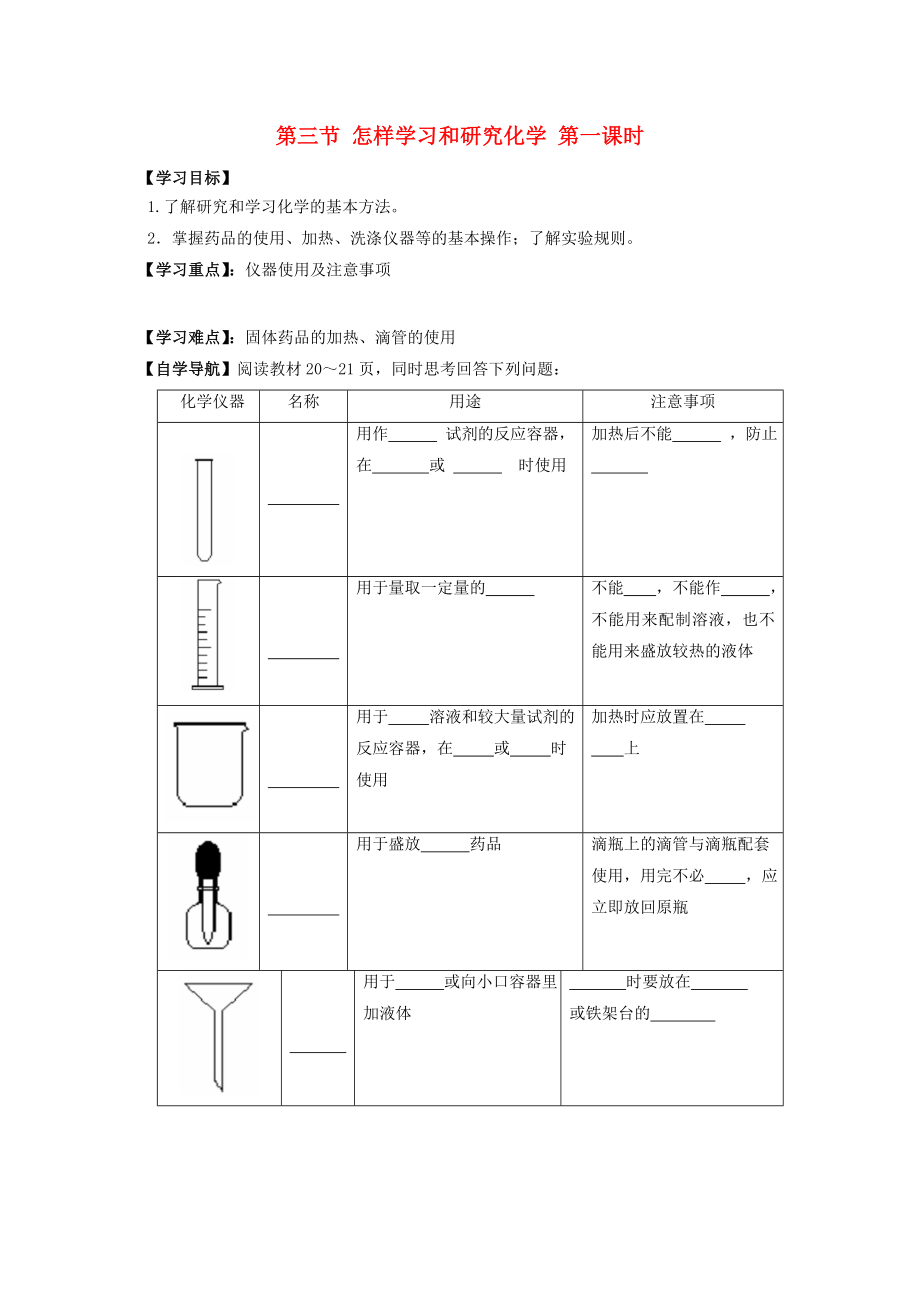 遼寧省東北育才中學(xué)2020屆九年級(jí)化學(xué)全冊(cè) 第一章 開(kāi)啟化學(xué)之門(mén) 第三節(jié) 怎樣學(xué)習(xí)和研究化學(xué)（第一課時(shí)）導(dǎo)學(xué)案 滬教版_第1頁(yè)