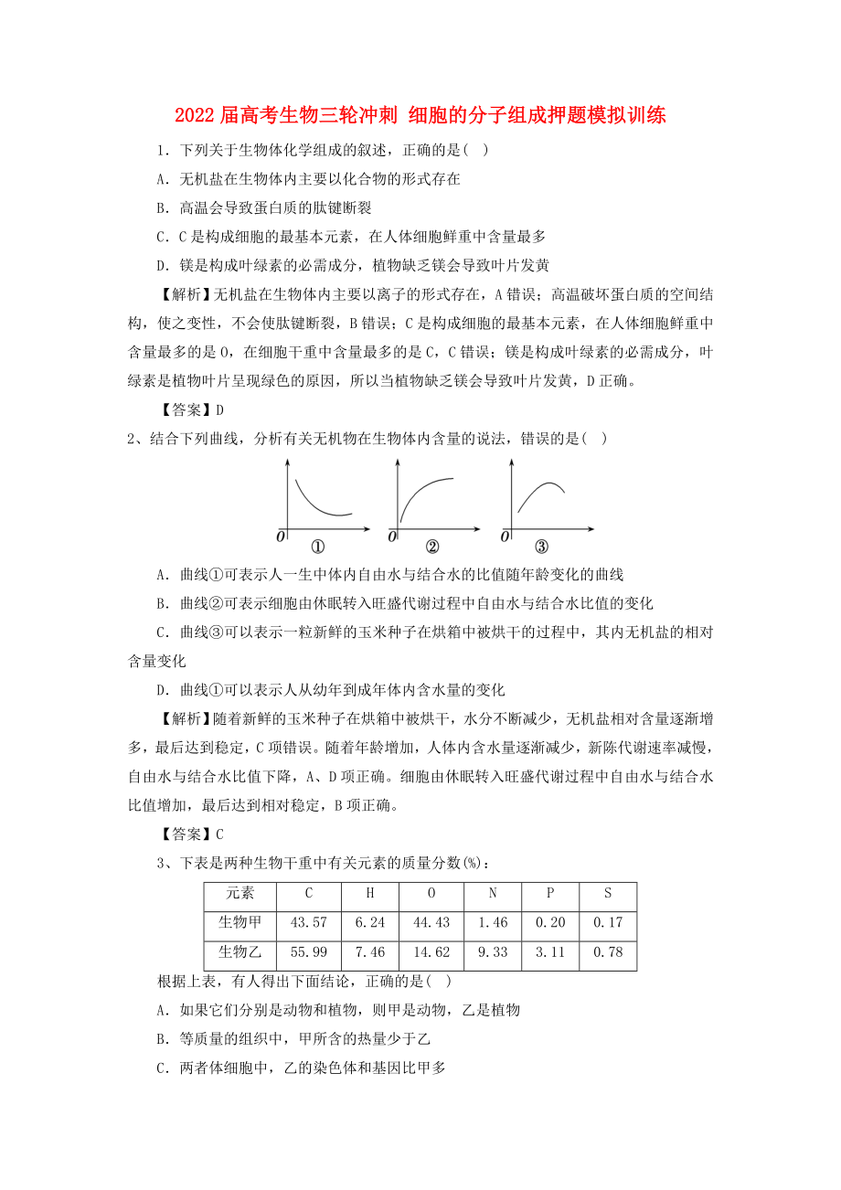 2022屆高考生物三輪沖刺 細(xì)胞的分子組成押題模擬訓(xùn)練_第1頁(yè)