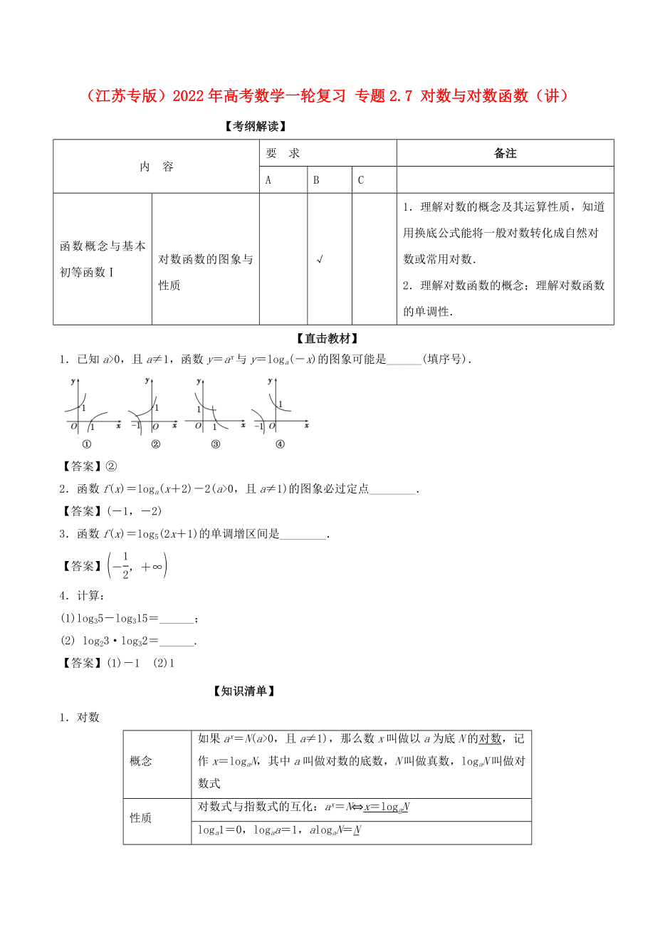 （江蘇專版）2022年高考數(shù)學(xué)一輪復(fù)習(xí) 專題2.7 對數(shù)與對數(shù)函數(shù)（講）_第1頁