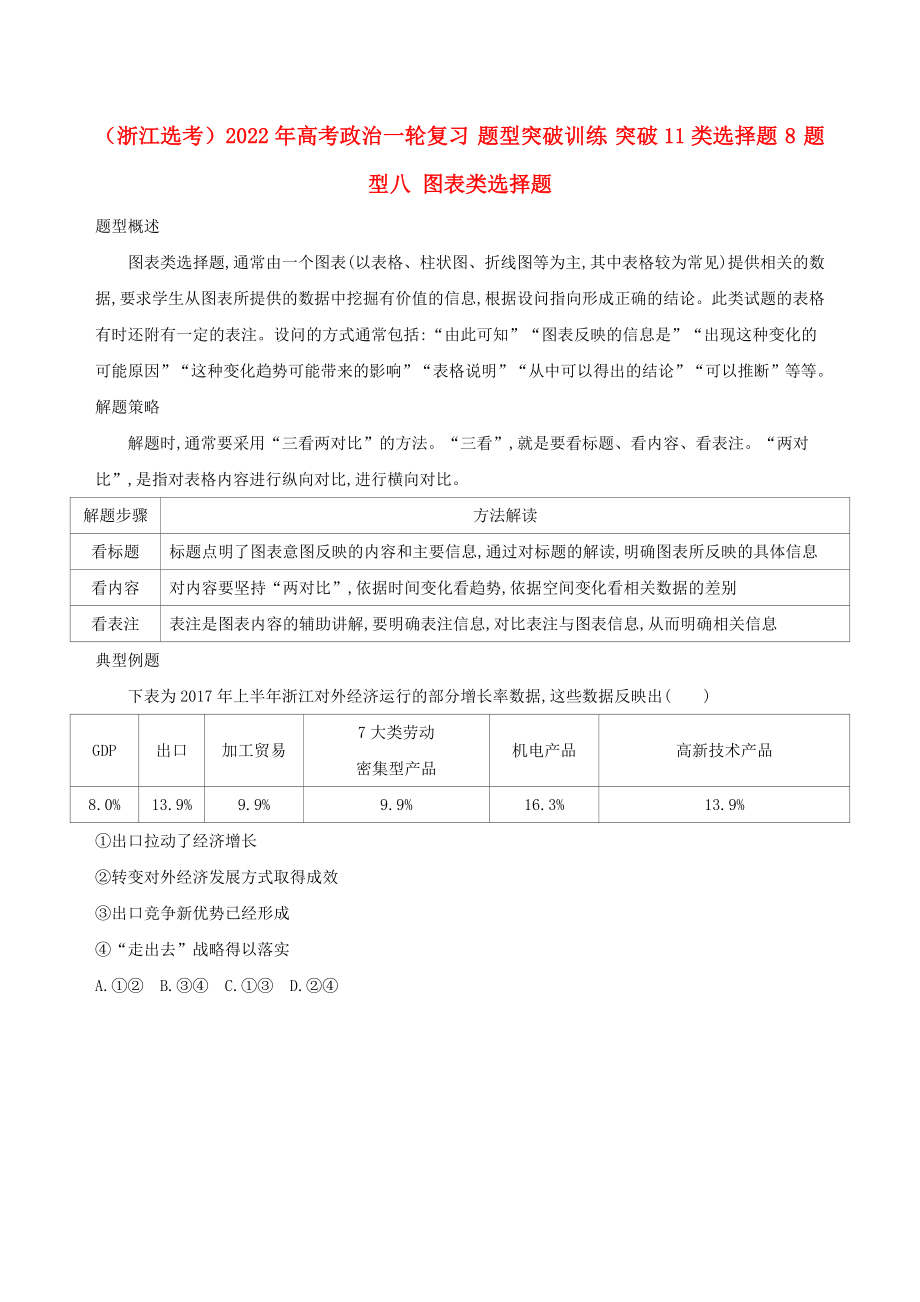 （浙江选考）2022年高考政治一轮复习 题型突破训练 突破11类选择题 8 题型八 图表类选择题_第1页