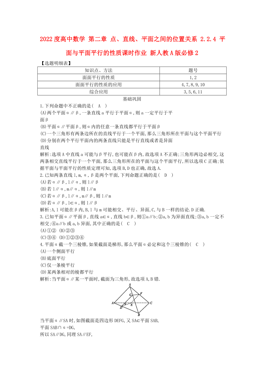 2022度高中數(shù)學(xué) 第二章 點(diǎn)、直線、平面之間的位置關(guān)系 2.2.4 平面與平面平行的性質(zhì)課時(shí)作業(yè) 新人教A版必修2_第1頁(yè)