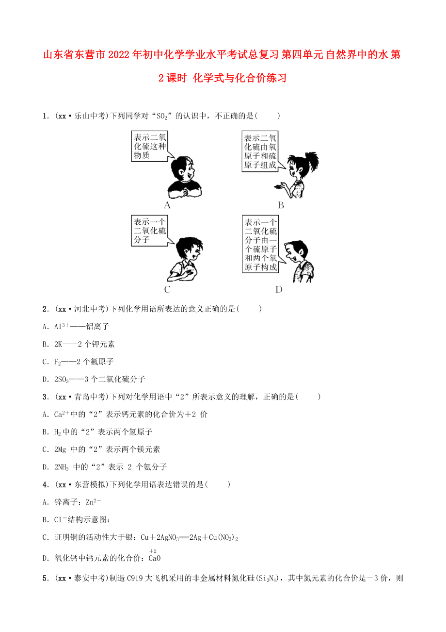 山東省東營(yíng)市2022年初中化學(xué)學(xué)業(yè)水平考試總復(fù)習(xí) 第四單元 自然界中的水 第2課時(shí) 化學(xué)式與化合價(jià)練習(xí)_第1頁