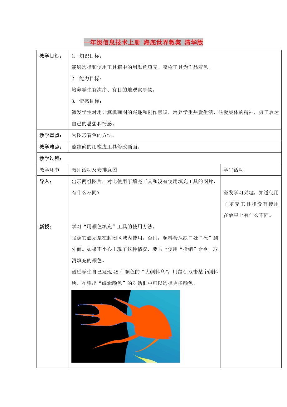 一年級信息技術(shù)上冊 海底世界教案 清華版_第1頁