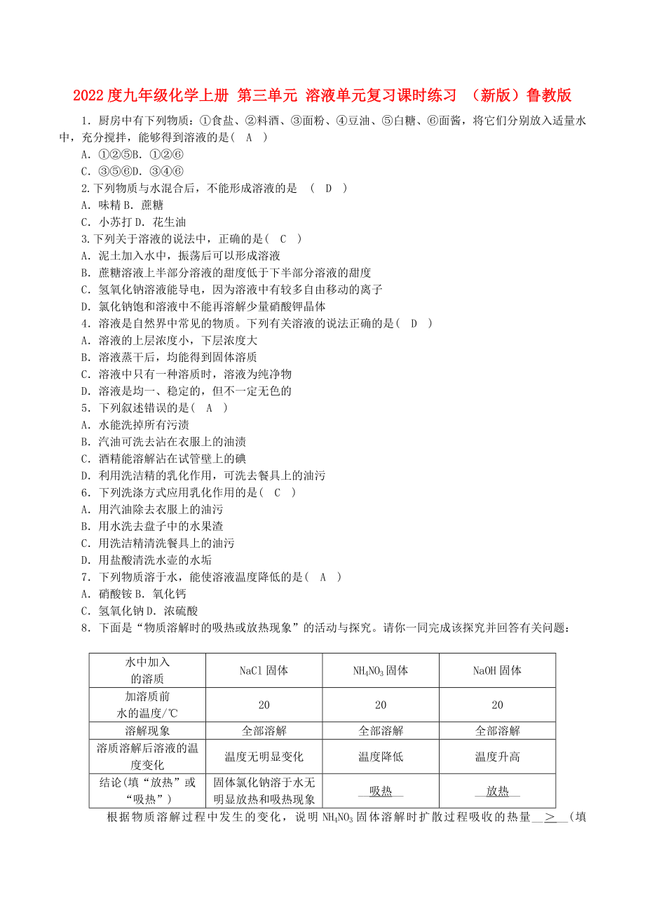 2022度九年級化學上冊 第三單元 溶液單元復習課時練習 （新版）魯教版_第1頁