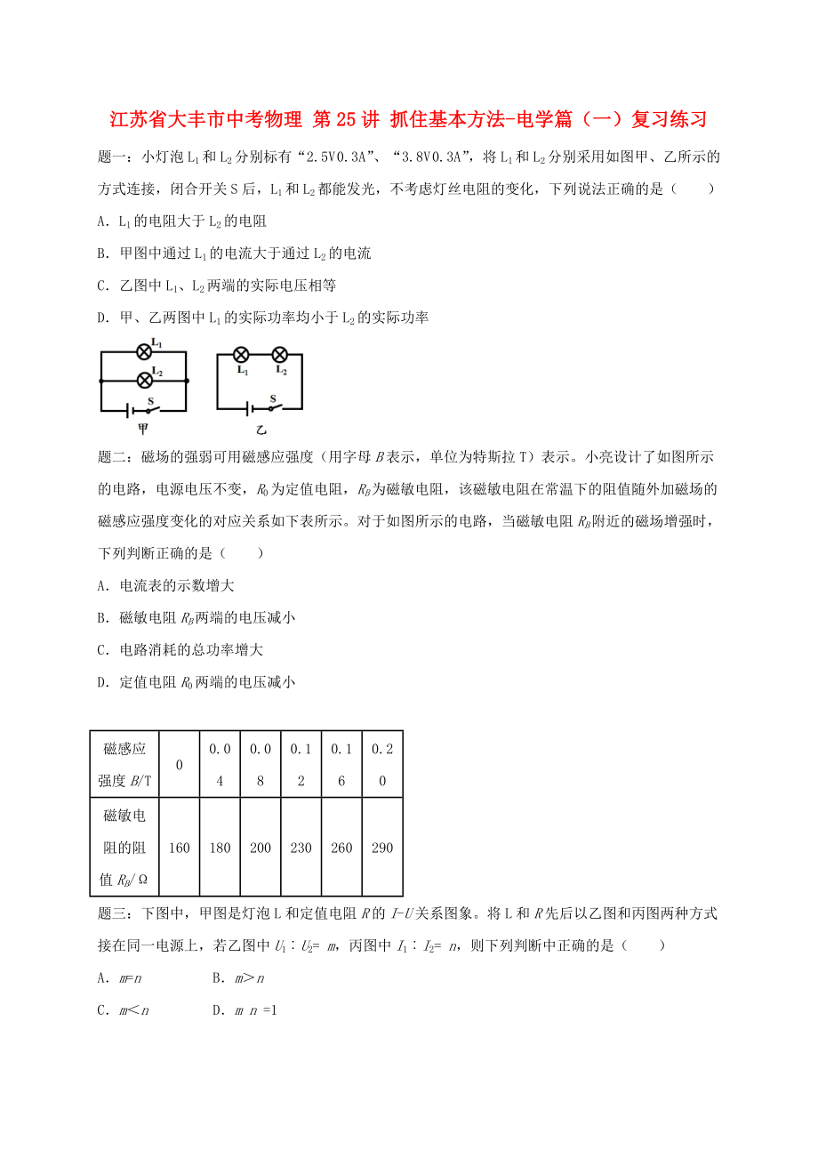 江蘇省大豐市中考物理 第25講 抓住基本方法-電學(xué)篇（一）復(fù)習(xí)練習(xí)_第1頁