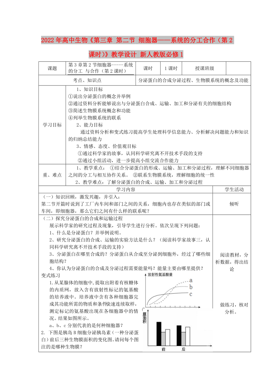 2022年高中生物《第三章 第二節(jié) 細(xì)胞器——系統(tǒng)的分工合作（第2課時）》教學(xué)設(shè)計 新人教版必修1_第1頁