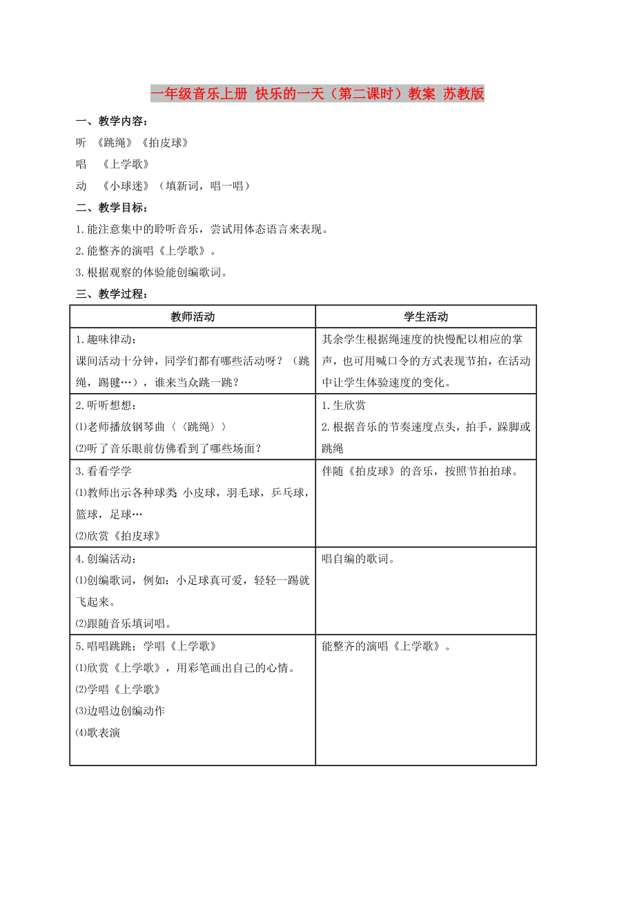 一年級音樂上冊 快樂的一天（第二課時）教案 蘇教版_第1頁