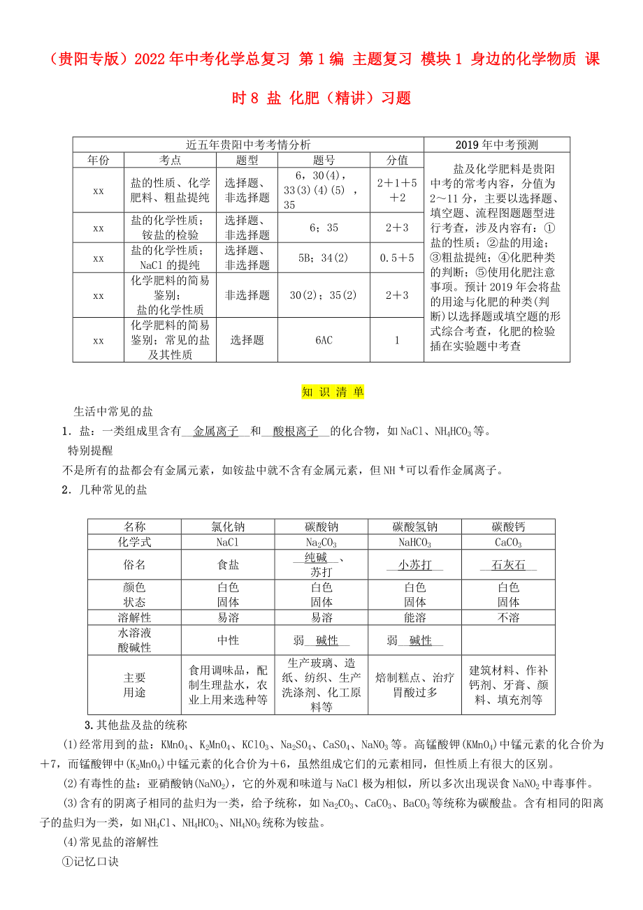 （貴陽(yáng)專版）2022年中考化學(xué)總復(fù)習(xí) 第1編 主題復(fù)習(xí) 模塊1 身邊的化學(xué)物質(zhì) 課時(shí)8 鹽 化肥（精講）習(xí)題_第1頁(yè)