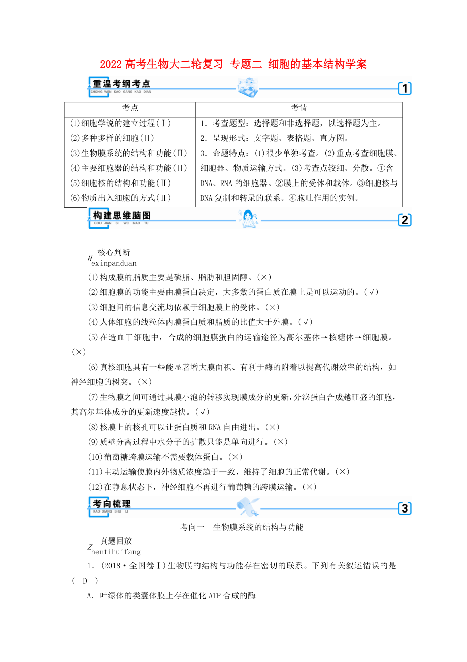 2022高考生物大二轮复习 专题二 细胞的基本结构学案_第1页