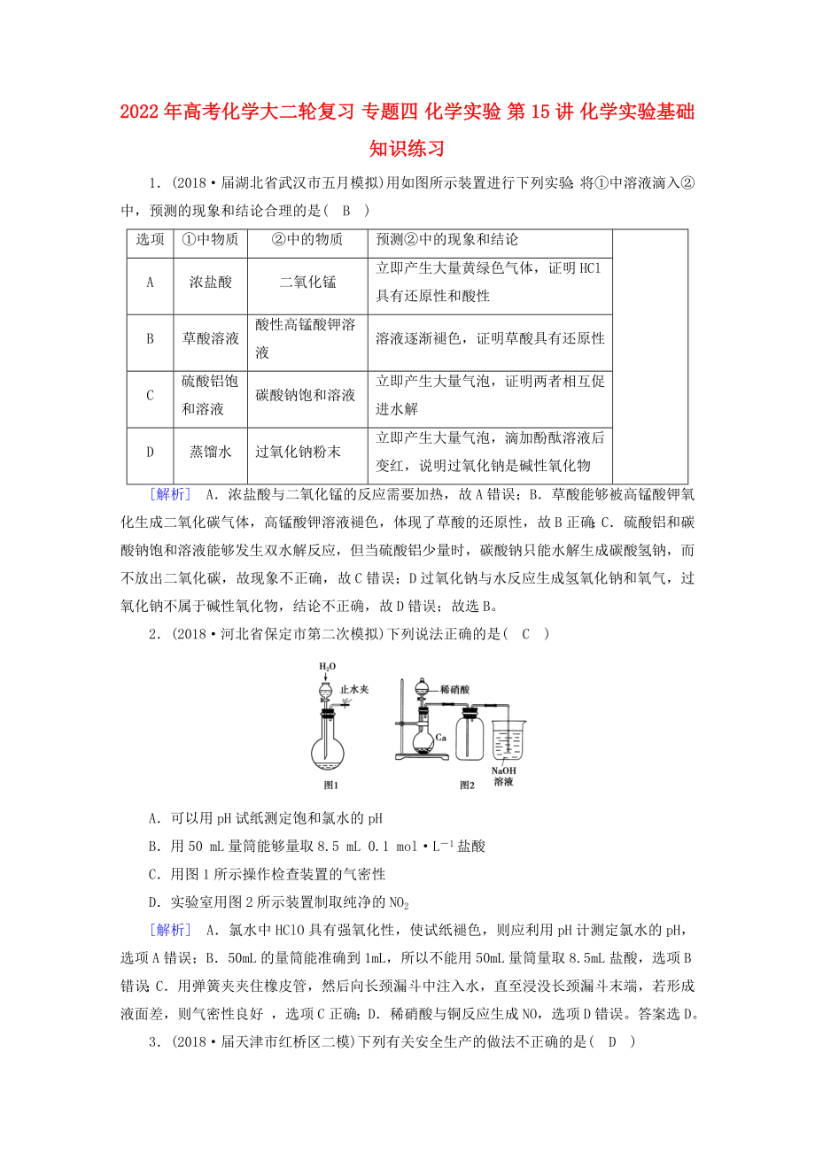 2022年高考化學(xué)大二輪復(fù)習(xí) 專題四 化學(xué)實驗 第15講 化學(xué)實驗基礎(chǔ)知識練習(xí)_第1頁