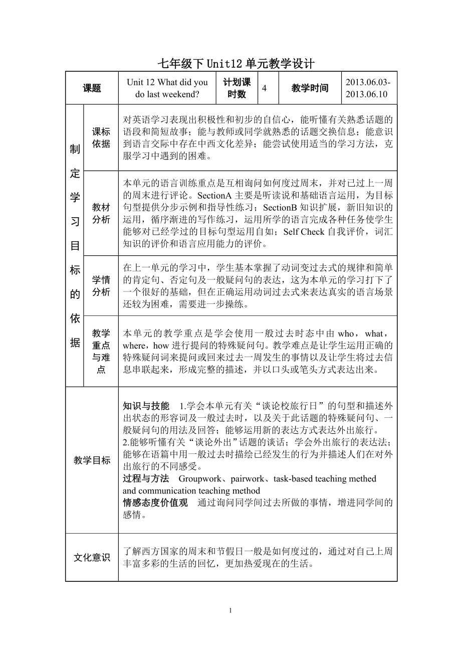 七年级下Unit12单元教学设计_第1页