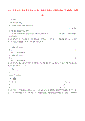 2022中考物理 電流和電路模塊 串、并聯(lián)電路的電流規(guī)律訓練（含解析） 滬科版