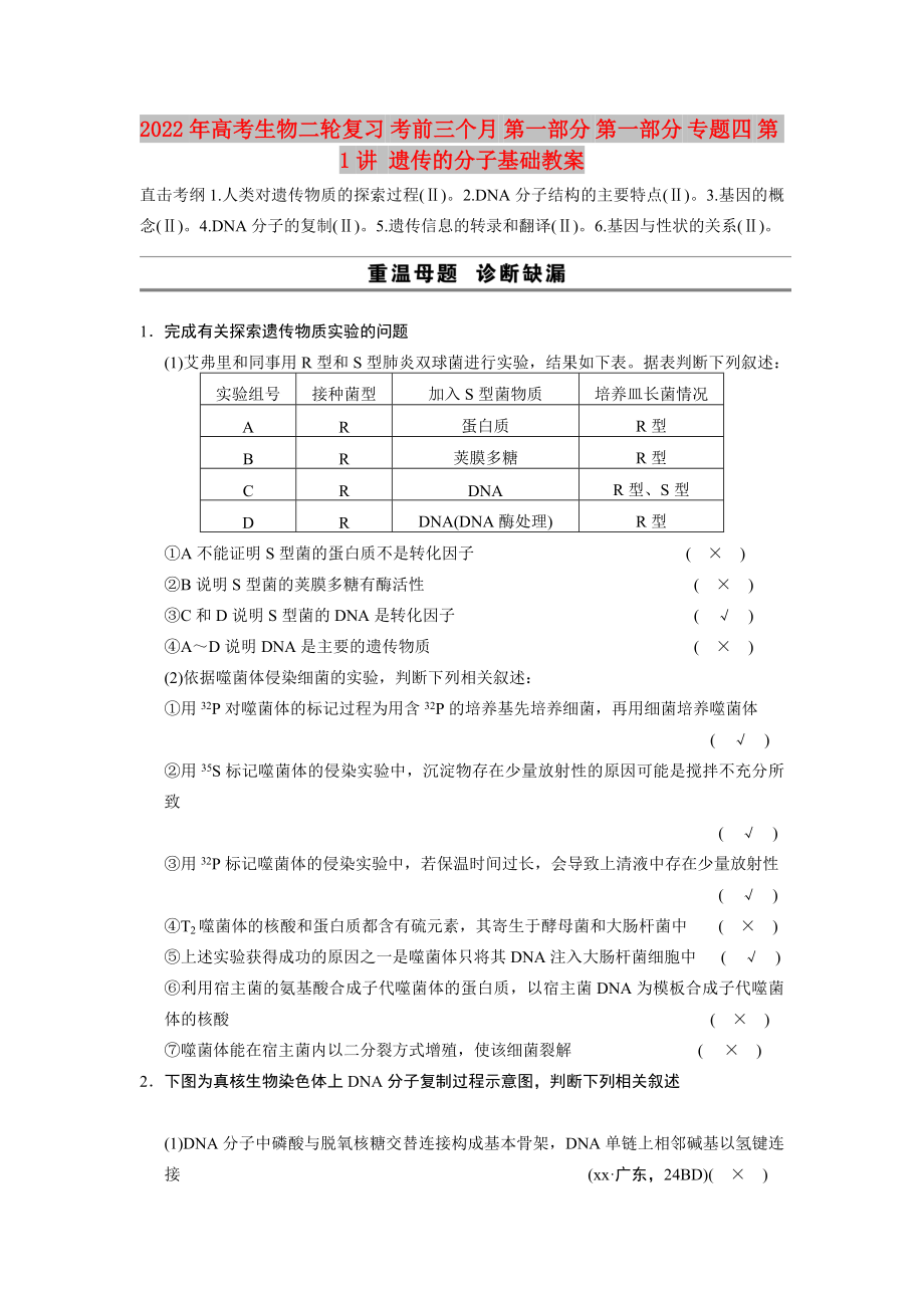 2022年高考生物二輪復(fù)習(xí) 考前三個月 第一部分 第一部分 專題四 第1講 遺傳的分子基礎(chǔ)教案_第1頁