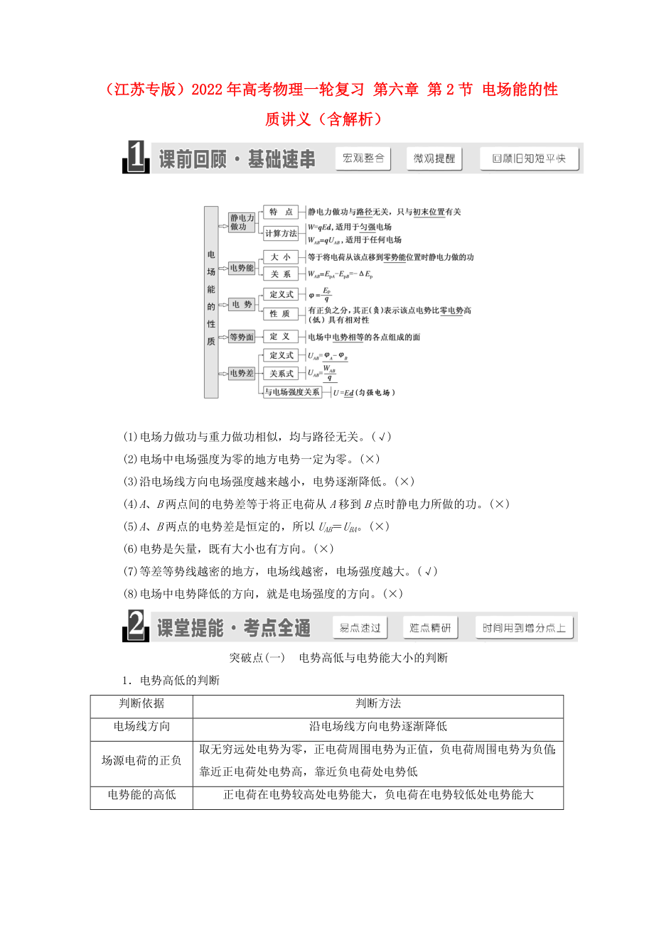 （江蘇專版）2022年高考物理一輪復習 第六章 第2節(jié) 電場能的性質講義（含解析）_第1頁