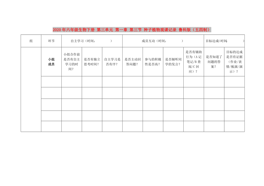 2020年六年級(jí)生物下冊(cè) 第三單元 第一章 第三節(jié) 種子植物觀課記錄 魯科版（五四制）_第1頁(yè)