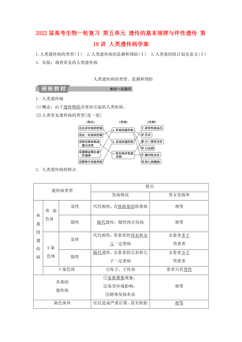 2022屆高考生物一輪復(fù)習(xí) 第五單元 遺傳的基本規(guī)律與伴性遺傳 第18講 人類遺傳病學(xué)案_第1頁