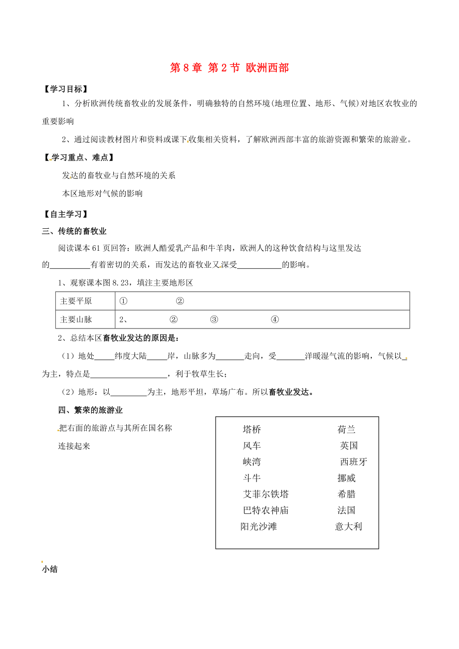 內(nèi)蒙古巴彥淖爾市杭錦后旗第五中學七年級地理下冊 第8章 第2節(jié)《歐洲西部（第2課時）》學案（無答案） 新人教版_第1頁