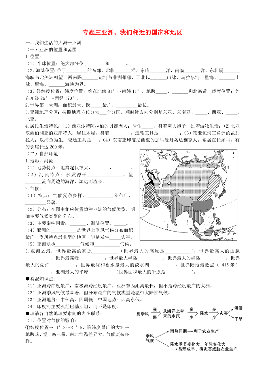 中考地理專題復習 專題三 亞洲、我們鄰近的國家和地區(qū)學案（無答案） 新人教版_第1頁