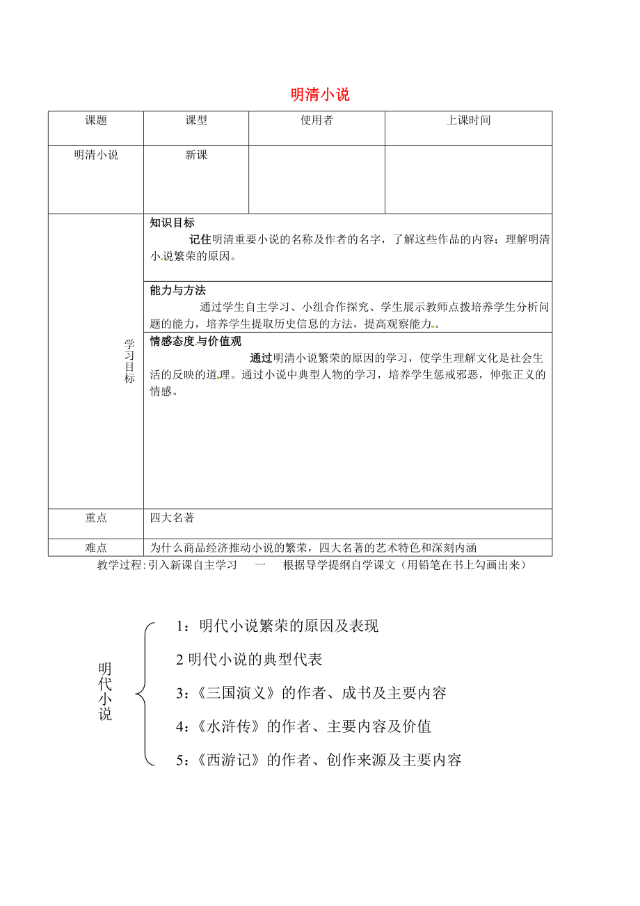 重慶市綦江縣隆盛中學(xué)七年級(jí)歷史下冊(cè) 第九學(xué)習(xí)主題 5 明清小說學(xué)案（無答案） 川教版_第1頁(yè)