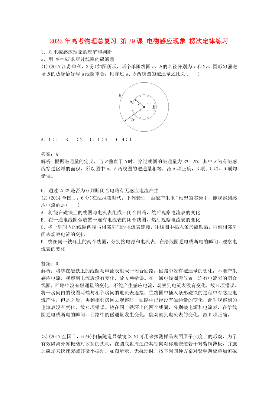 2022年高考物理總復(fù)習(xí) 第29課 電磁感應(yīng)現(xiàn)象 楞次定律練習(xí)_第1頁