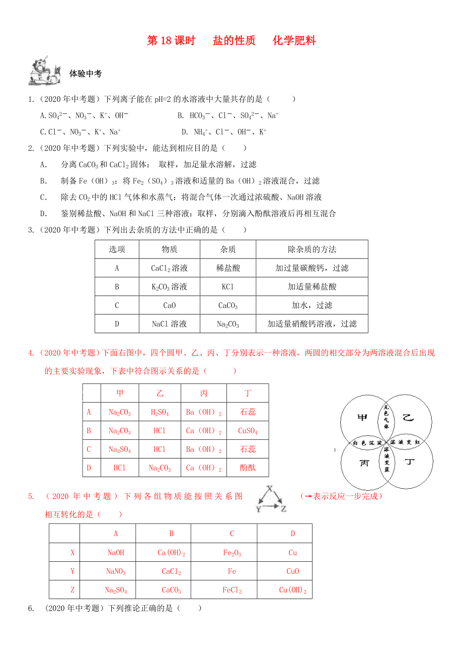 2020年中考化學(xué)總復(fù)習(xí) 第1部分 基礎(chǔ)知識(shí)回顧與能力訓(xùn)練 第18課時(shí) 鹽的性質(zhì)及化學(xué)肥料體驗(yàn)中考訓(xùn)練（無(wú)答案）_第1頁(yè)