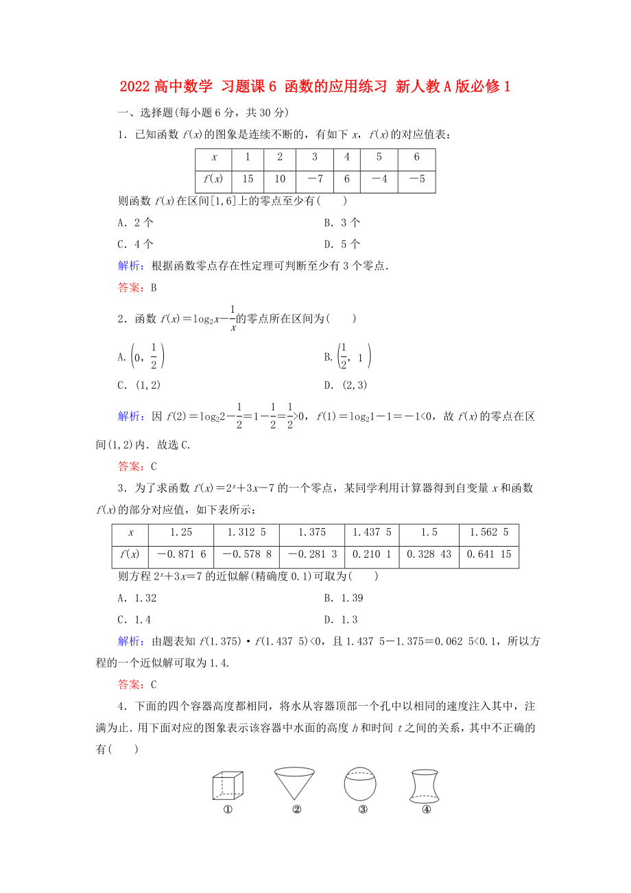 2022高中數(shù)學(xué) 習(xí)題課6 函數(shù)的應(yīng)用練習(xí) 新人教A版必修1_第1頁