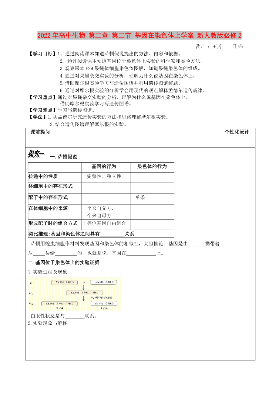 2022年高中生物 第二章 第二節(jié) 基因在染色體上學(xué)案 新人教版必修2_第1頁