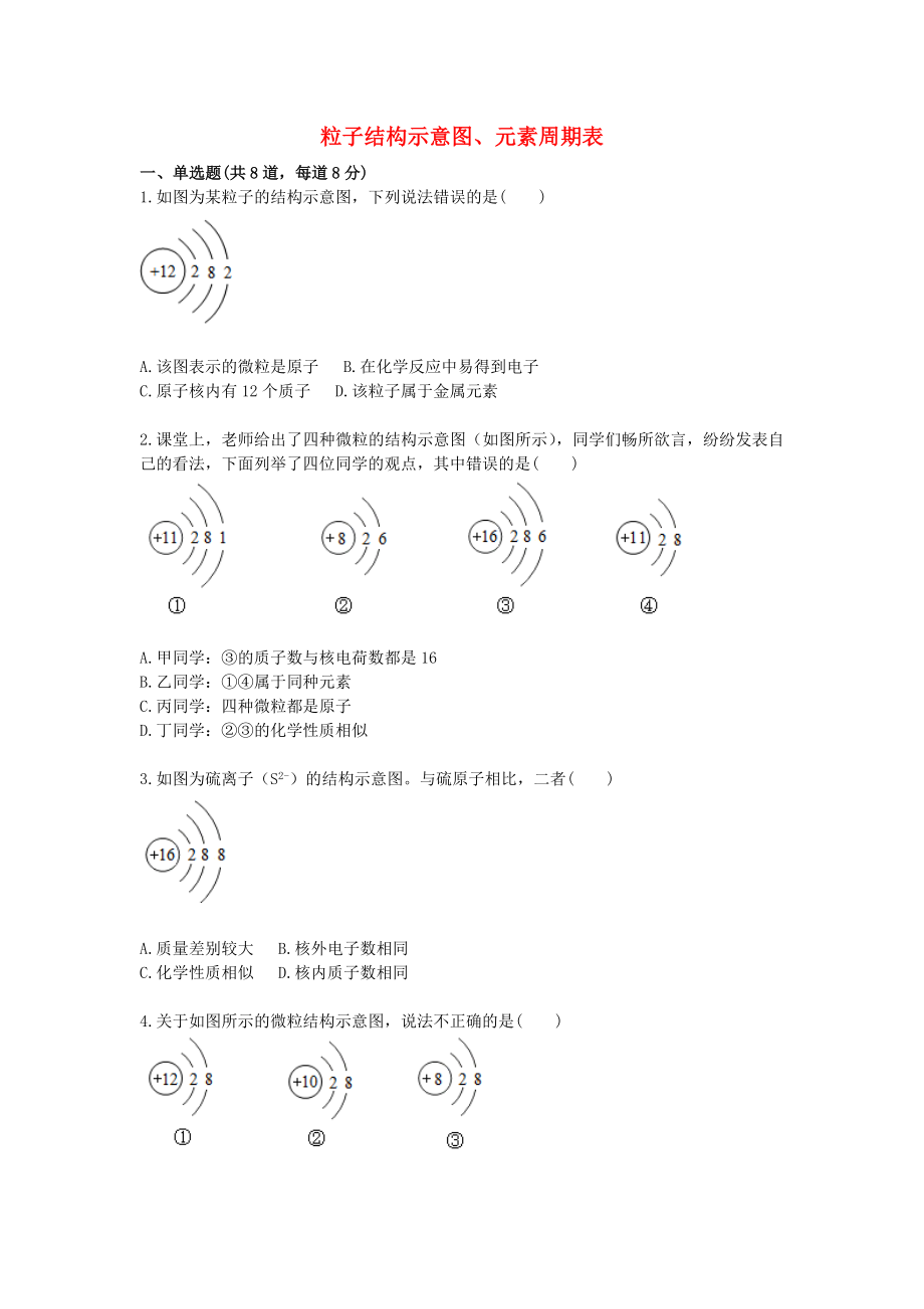 2020九年級化學上冊 綜合訓練 物質(zhì)的組成與構(gòu)成 粒子結(jié)構(gòu)示意圖、元素周期表天天練（無答案）（新版）新人教版_第1頁