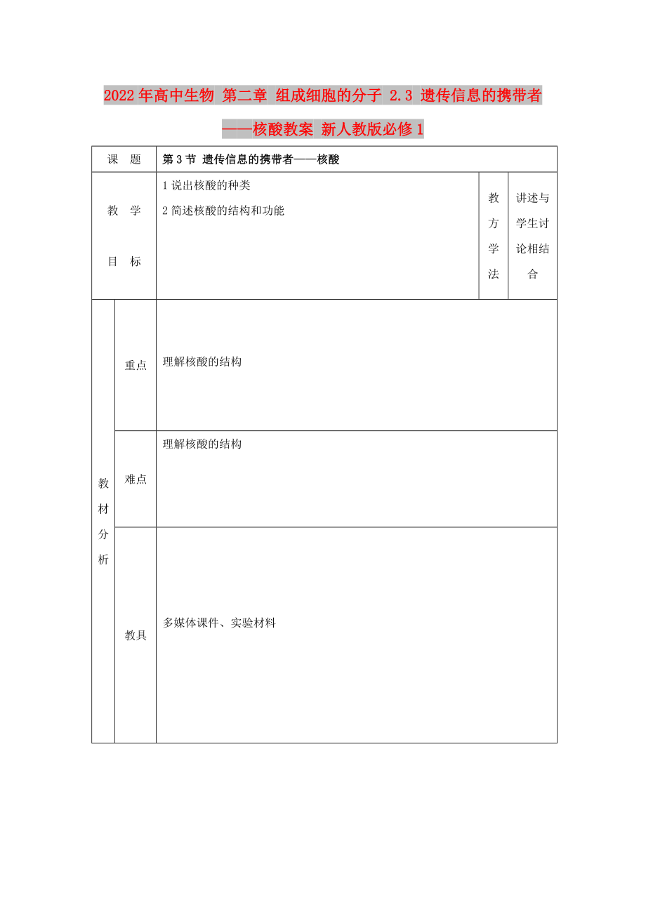 2022年高中生物 第二章 组成细胞的分子 2.3 遗传信息的携带者——核酸教案 新人教版必修1_第1页