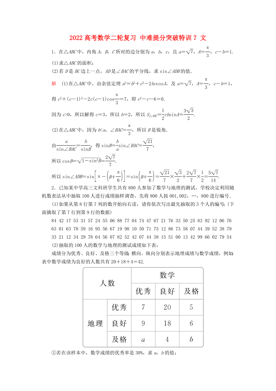 2022高考數(shù)學二輪復習 中難提分突破特訓7 文_第1頁