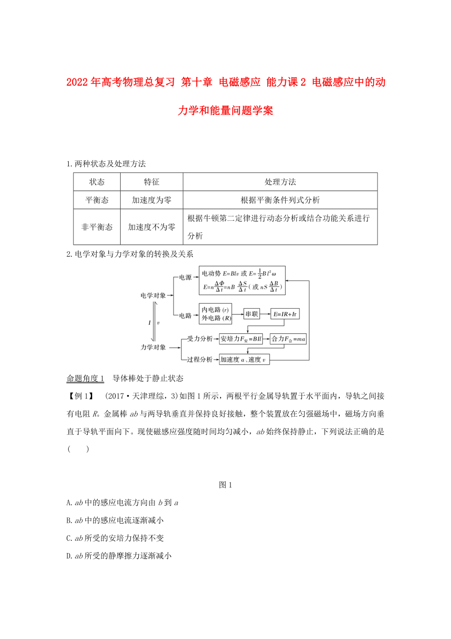 2022年高考物理總復(fù)習(xí) 第十章 電磁感應(yīng) 能力課2 電磁感應(yīng)中的動力學(xué)和能量問題學(xué)案_第1頁