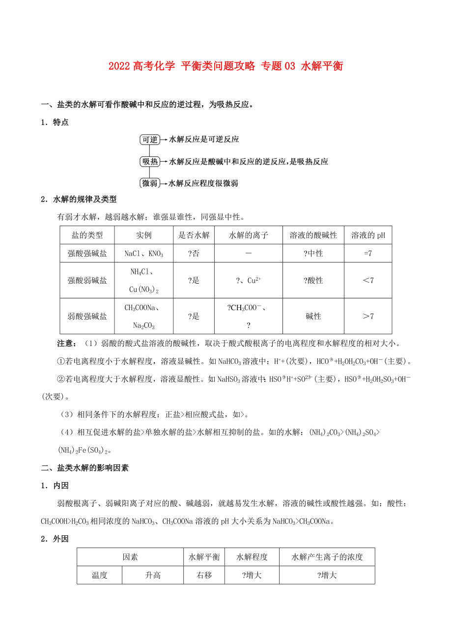 2022高考化學(xué) 平衡類問(wèn)題攻略 專題03 水解平衡_第1頁(yè)