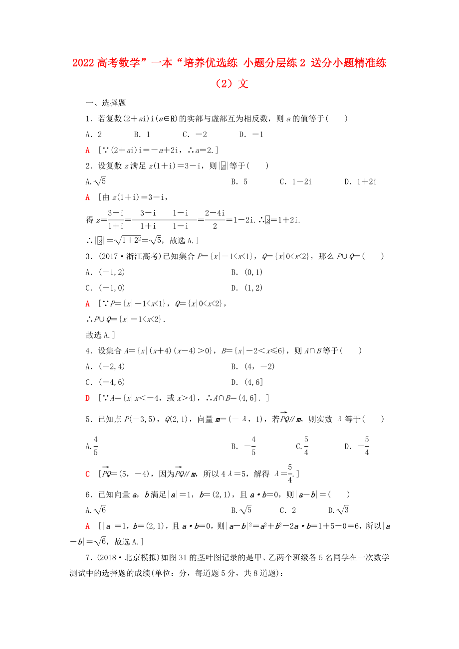 2022高考数学”一本“培养优选练 小题分层练2 送分小题精准练（2）文_第1页