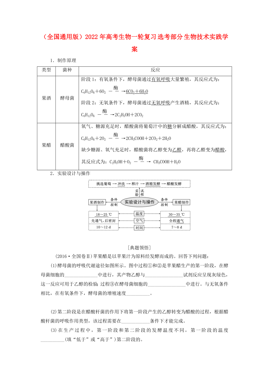 （全國通用版）2022年高考生物一輪復(fù)習(xí) 選考部分 生物技術(shù)實(shí)踐學(xué)案_第1頁