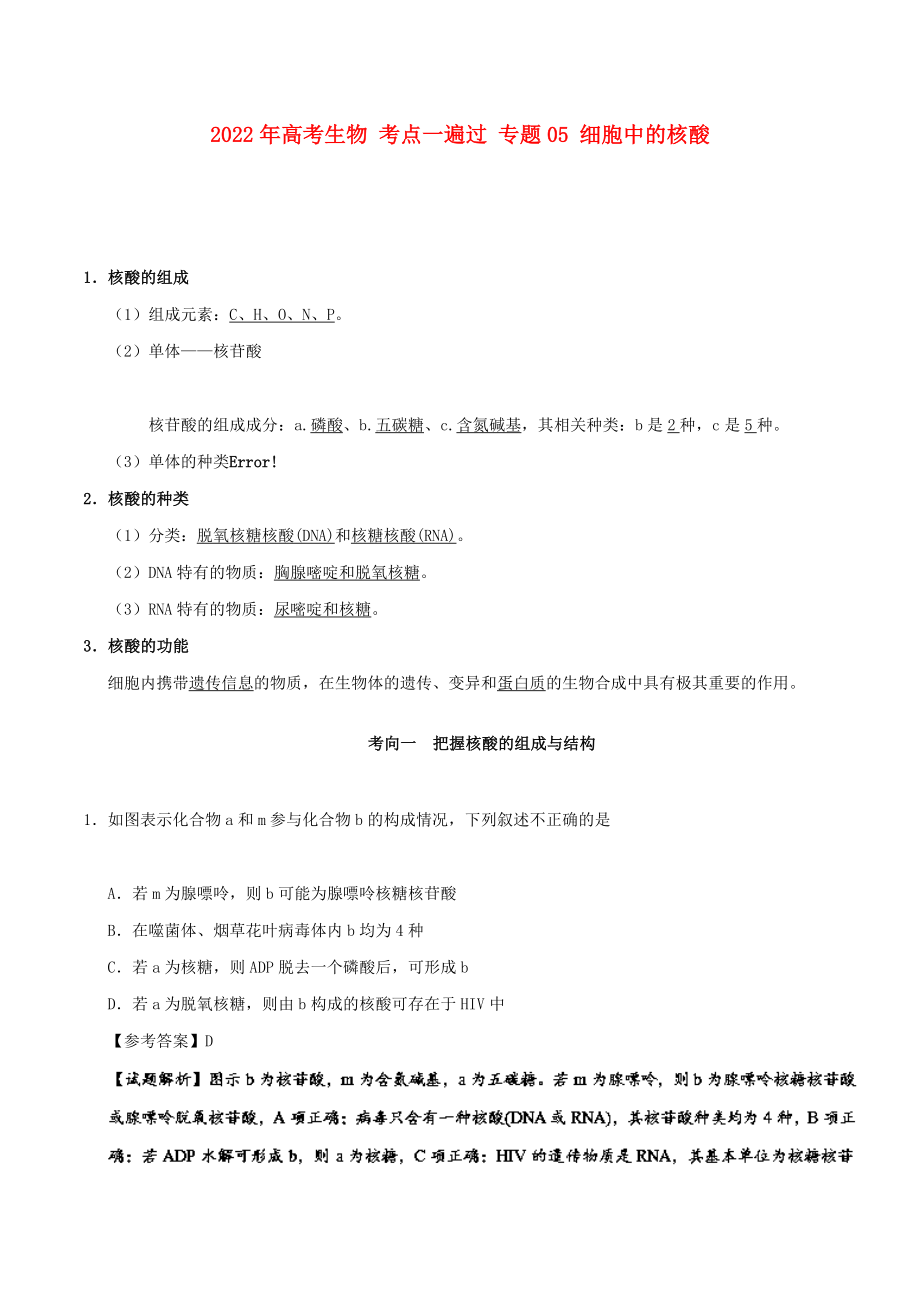 2022年高考生物 考點(diǎn)一遍過 專題05 細(xì)胞中的核酸_第1頁(yè)