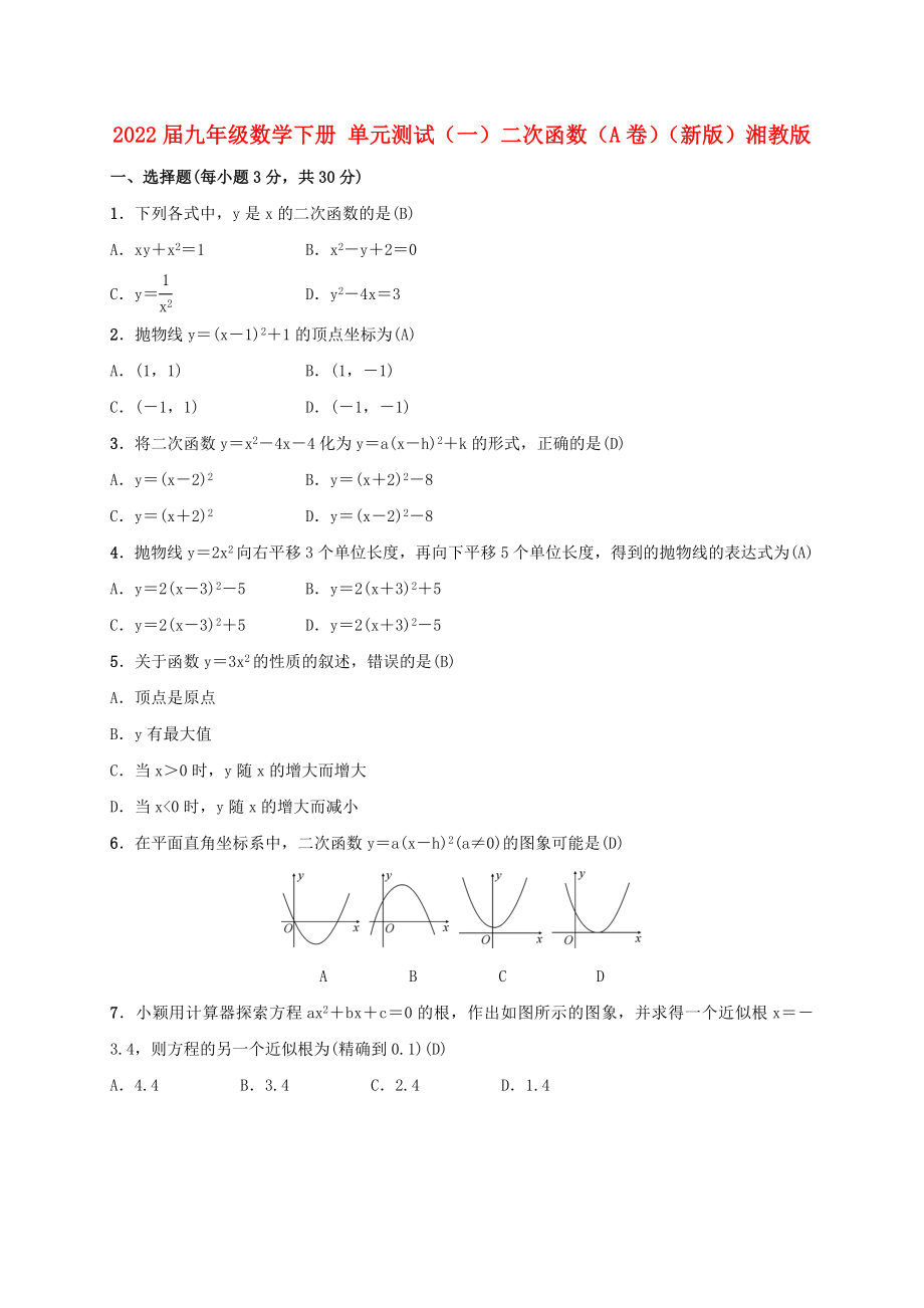 2022届九年级数学下册 单元测试（一）二次函数（A卷）（新版）湘教版_第1页