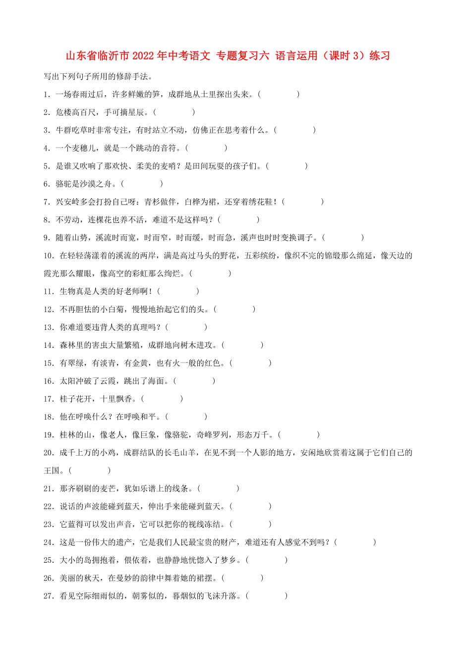 山東省臨沂市2022年中考語文 專題復習六 語言運用（課時3）練習_第1頁