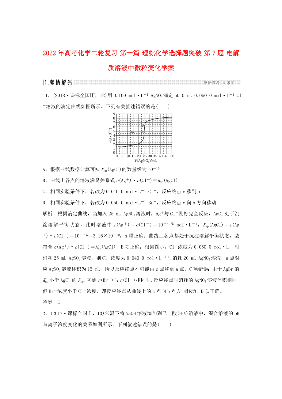 2022年高考化學(xué)二輪復(fù)習(xí) 第一篇 理綜化學(xué)選擇題突破 第7題 電解質(zhì)溶液中微粒變化學(xué)案_第1頁(yè)