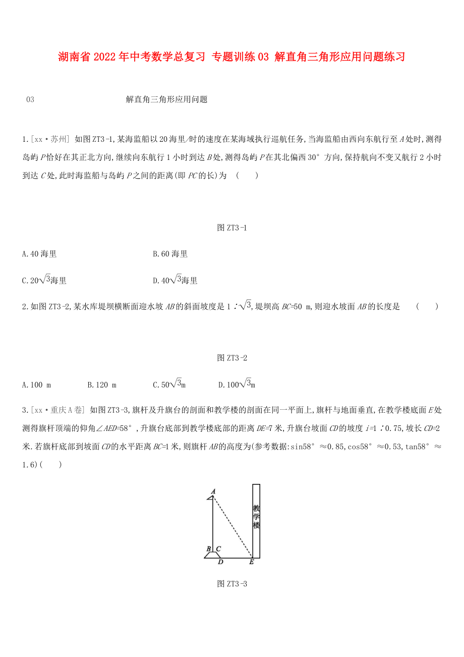 湖南省2022年中考數(shù)學(xué)總復(fù)習(xí) 專題訓(xùn)練03 解直角三角形應(yīng)用問題練習(xí)_第1頁