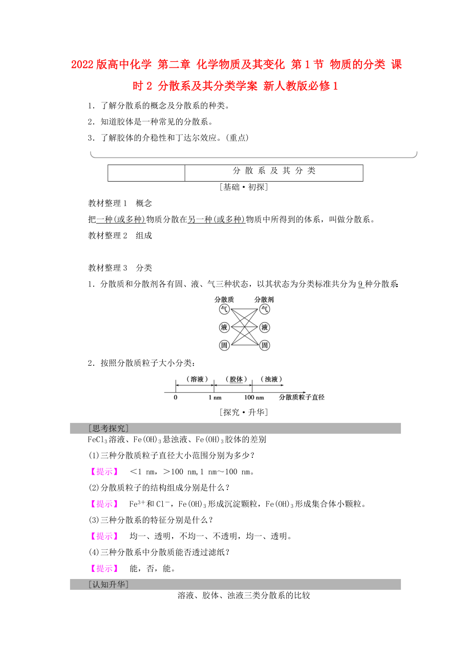 2022版高中化學(xué) 第二章 化學(xué)物質(zhì)及其變化 第1節(jié) 物質(zhì)的分類 課時(shí)2 分散系及其分類學(xué)案 新人教版必修1_第1頁