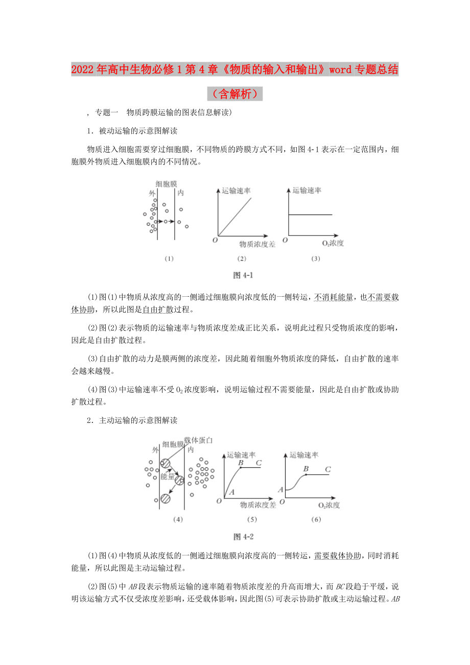 2022年高中生物必修1第4章《物質(zhì)的輸入和輸出》word專題總結(jié)（含解析）_第1頁