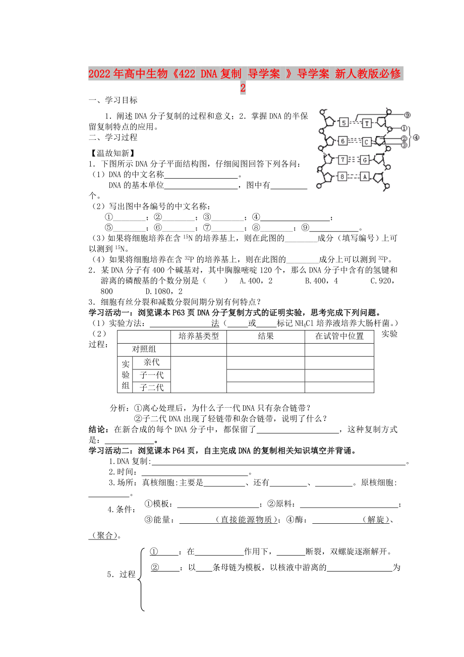 2022年高中生物《422 DNA復制 導學案 》導學案 新人教版必修2_第1頁