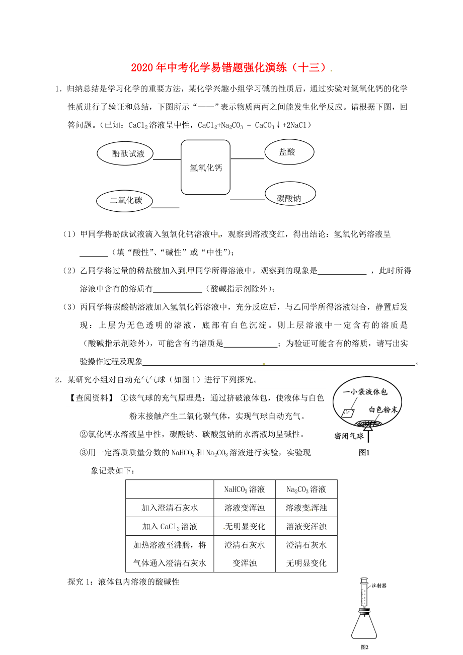 2020屆中考化學 易錯題強化演練（十三）（無答案）_第1頁