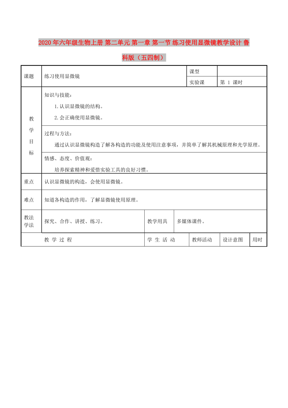 2020年六年級生物上冊 第二單元 第一章 第一節(jié) 練習(xí)使用顯微鏡教學(xué)設(shè)計 魯科版（五四制）_第1頁