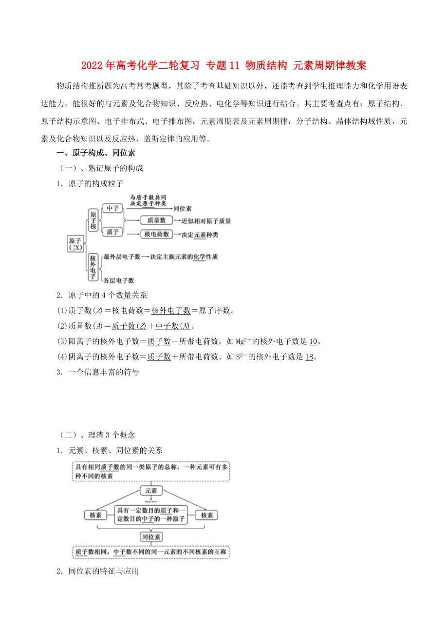 2022年高考化學(xué)二輪復(fù)習(xí) 專題11 物質(zhì)結(jié)構(gòu) 元素周期律教案_第1頁