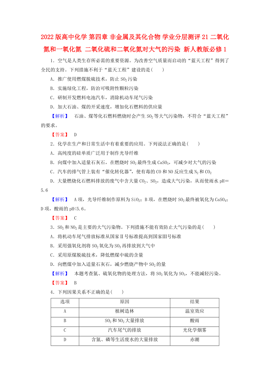 2022版高中化學(xué) 第四章 非金屬及其化合物 學(xué)業(yè)分層測(cè)評(píng)21 二氧化氮和一氧化氮 二氧化硫和二氧化氮對(duì)大氣的污染 新人教版必修1_第1頁(yè)