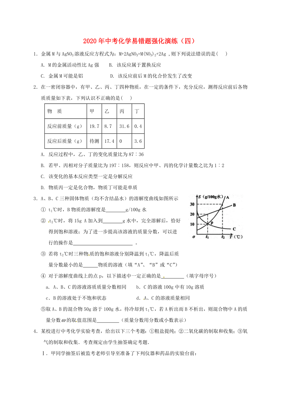 2020屆中考化學(xué) 易錯(cuò)題強(qiáng)化演練（四）（無(wú)答案）_第1頁(yè)