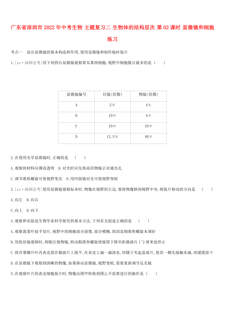 廣東省深圳市2022年中考生物 主題復(fù)習(xí)二 生物體的結(jié)構(gòu)層次 第02課時(shí) 顯微鏡和細(xì)胞練習(xí)_第1頁